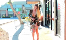 Sensual amateur hottie Riley flashing peachy cunt in public