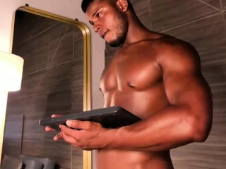 Hot gay hunk stroking huge black meat in solo fun