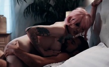 Pink haired shemale lets sad stepbro bareback her wet ass