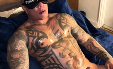 Blind Folded Damian Dragon Masturbates Hard Dick