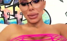 Busty curly brunette with big boobs fucks on couch
