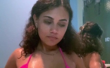Busty curly brunette with big boobs fucks on couch