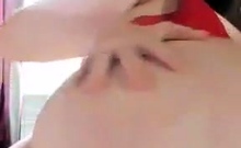 Busty curly brunette with big boobs fucks on couch