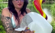 Lewd Brunette Ashley Storm Jerks Big Cock Outdoor